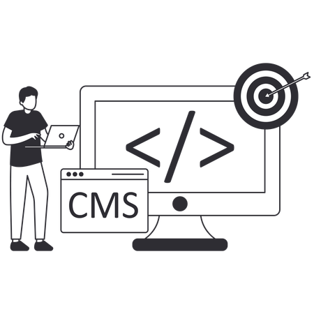 Homem trabalhando no desenvolvimento de CMS  Ilustração