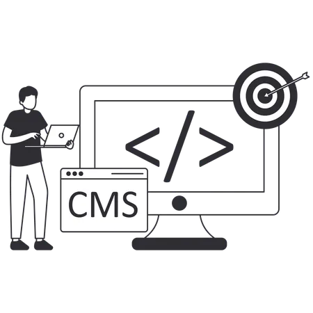 Homem trabalhando no desenvolvimento de CMS  Ilustração