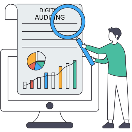 Homem trabalhando em auditoria digital  Ilustração