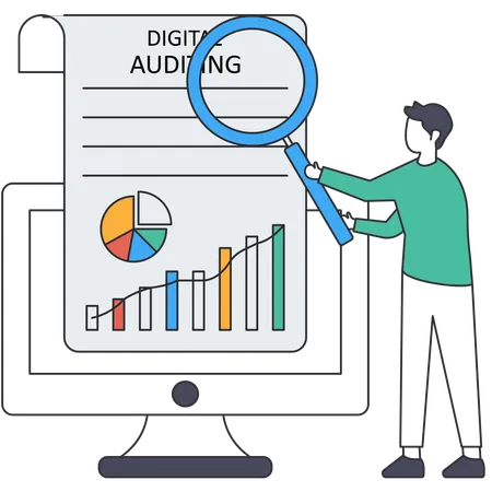 Homem trabalhando em auditoria digital  Ilustração