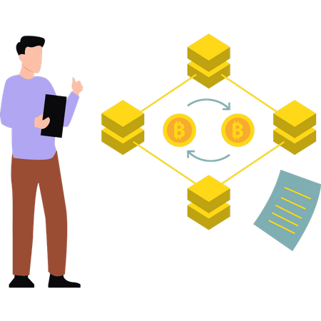 Homem trabalhando em blockchain  Ilustração