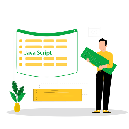 Homem trabalhando no desenvolvimento de javascript  Ilustração