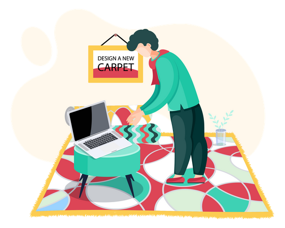 Homem trabalhando em designs de carpetes  Ilustração