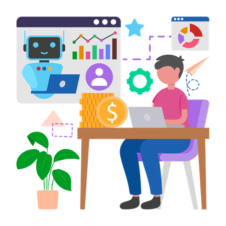 Homem trabalhando em ferramentas de marketing com tecnologia de IA  Ilustração