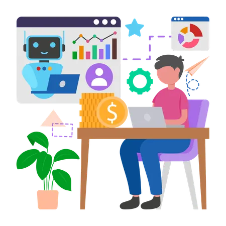 Homem trabalhando em ferramentas de marketing com tecnologia de IA  Ilustração