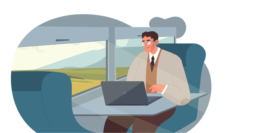 Homem trabalhando em laptop no trem  Ilustração