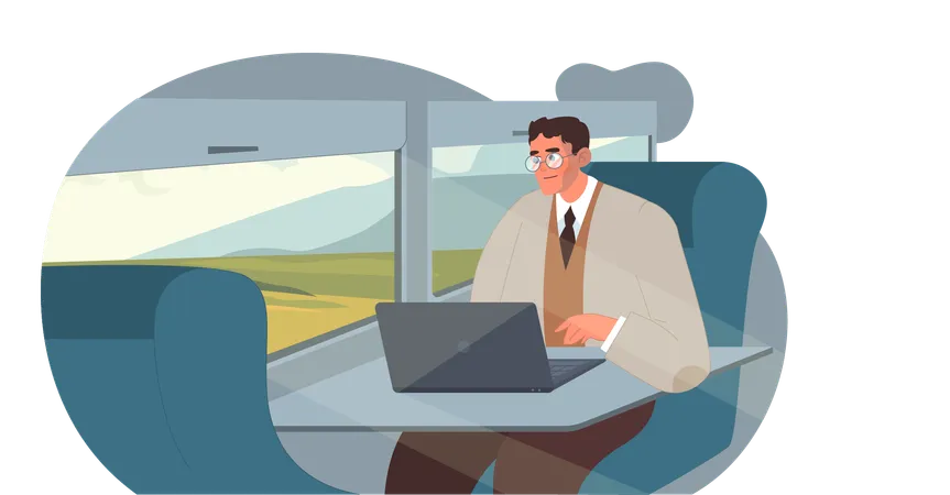 Homem trabalhando em laptop no trem  Ilustração