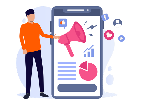 Homem trabalhando em marketing digital  Ilustração