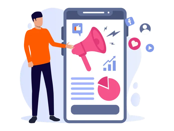 Homem trabalhando em marketing digital  Ilustração