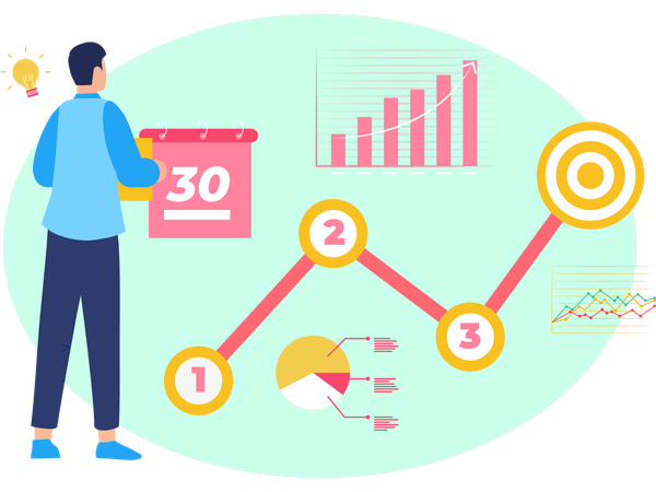 Homem trabalhando no plano de marketing  Ilustração