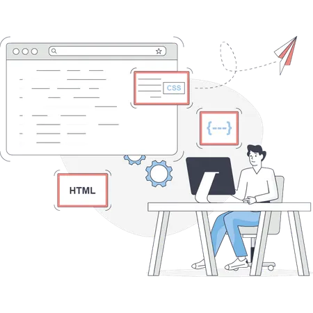 Homem trabalhando em programação de computador  Ilustração