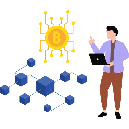 Homem trabalhando em redes bitcoin  Ilustração