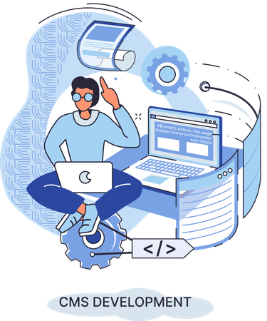 Homem trabalhando em software CMS  Ilustração