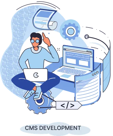 Homem trabalhando em software CMS  Ilustração