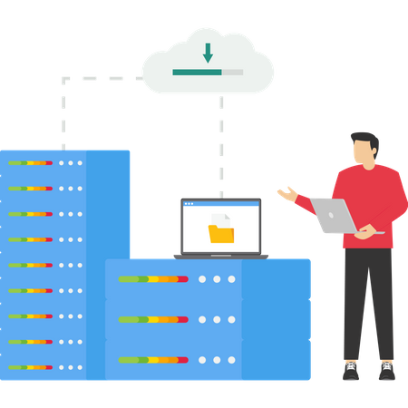 Homem trabalhando em tecnologia de armazenamento e serviço de servidor em nuvem  Ilustração