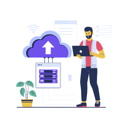 Homem trabalhando em tecnologia de computação em nuvem  Ilustração