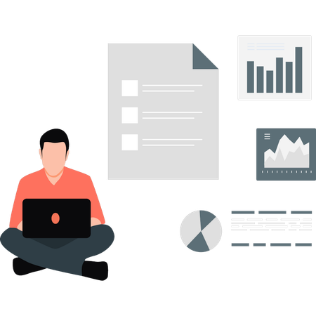 Homem trabalhando em um documento no laptop  Illustration