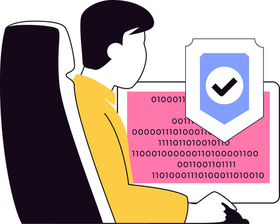 Homem trabalhando no computador enquanto protege o sistema  Ilustração