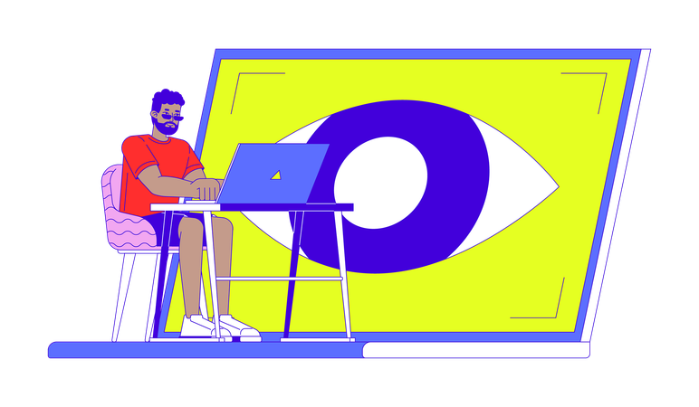 Homem trabalhando no controle ocular em um laptop  Ilustração