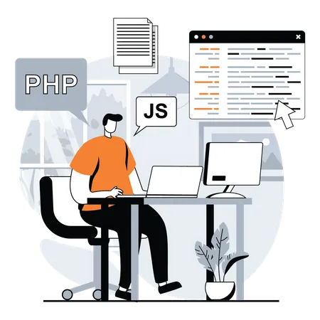 Homem trabalhando em desenvolvimento web  Ilustração