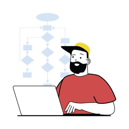 Homem trabalhando no diagrama de processo  Ilustração