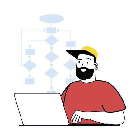 Homem trabalhando no diagrama de processo  Ilustração