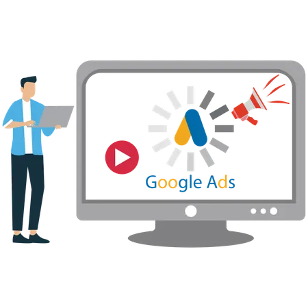 Homem trabalhando no gerenciamento de publicidade do Google  Ilustração