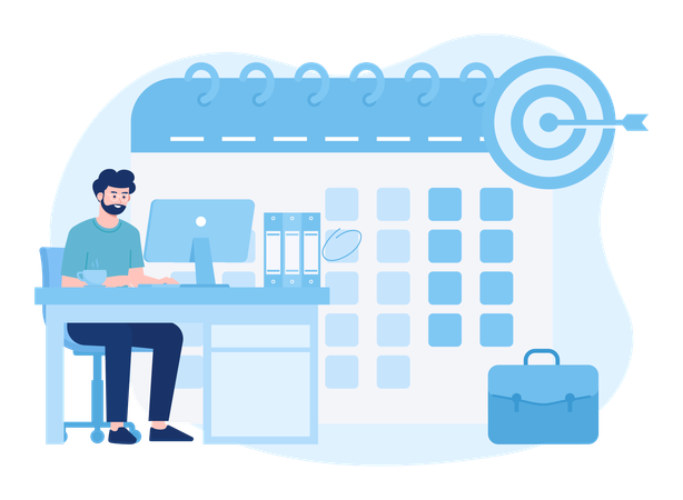 Homem trabalhando em gerenciamento de tempo com atividades comerciais de calendário  Ilustração