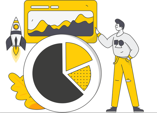 Homem trabalhando no gráfico de análise de negócios  Ilustração