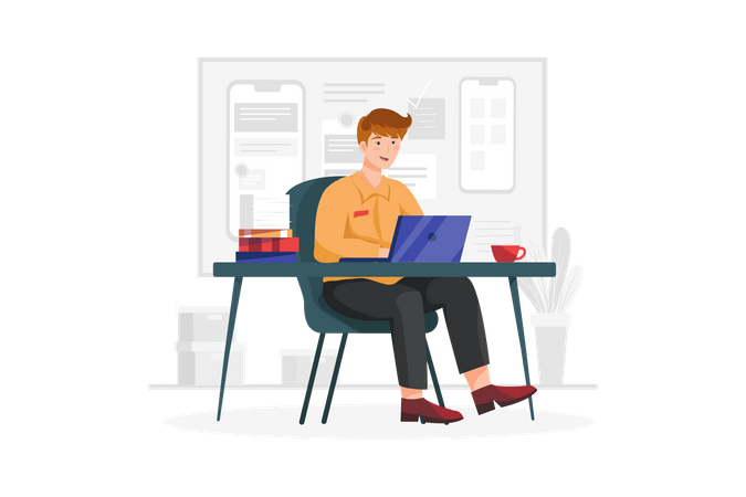 Homem trabalhando no laptop  Ilustração