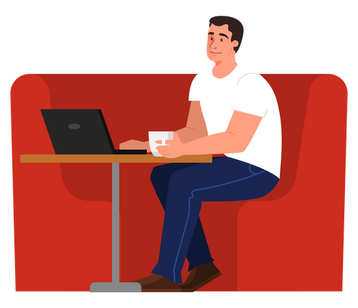 Homem trabalhando no laptop tomando café  Ilustração