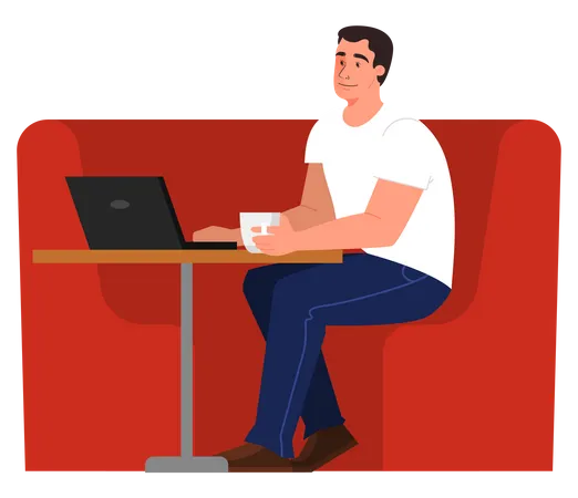 Homem trabalhando no laptop tomando café  Ilustração