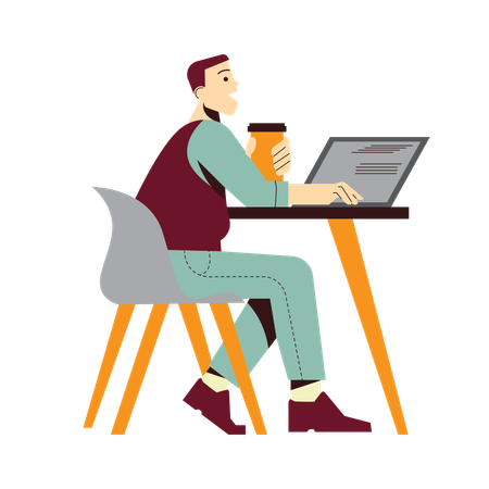 Homem trabalhando no laptop e tomando café  Ilustração