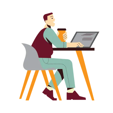 Homem trabalhando no laptop e tomando café  Ilustração