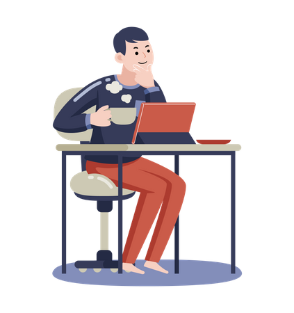 Homem trabalhando no laptop enquanto toma café  Ilustração