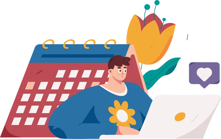 Homem trabalhando no laptop enquanto olha o calendário de negócios  Ilustração