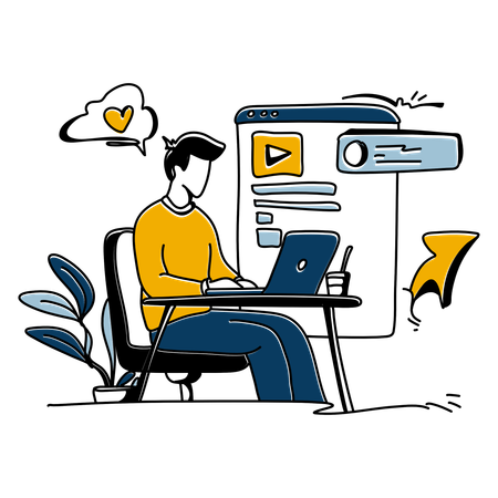 Homem trabalhando no laptop enquanto posta vídeo no blog  Ilustração