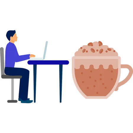 Homem trabalhando no laptop enquanto toma café  Ilustração