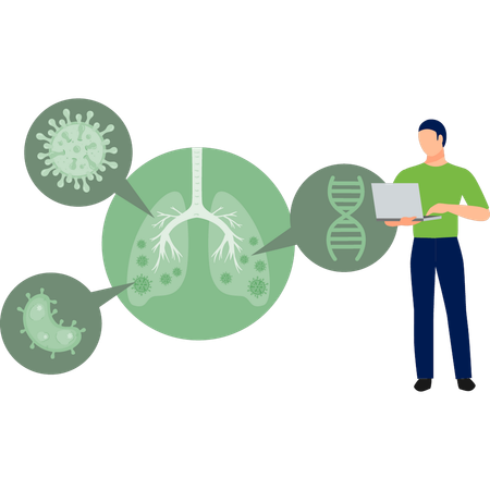 Homem trabalhando em laptop para bactérias cancerígenas de pulmão  Ilustração