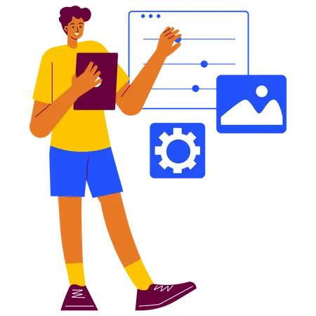 Homem trabalhando no serviço de desenvolvimento Web  Ilustração