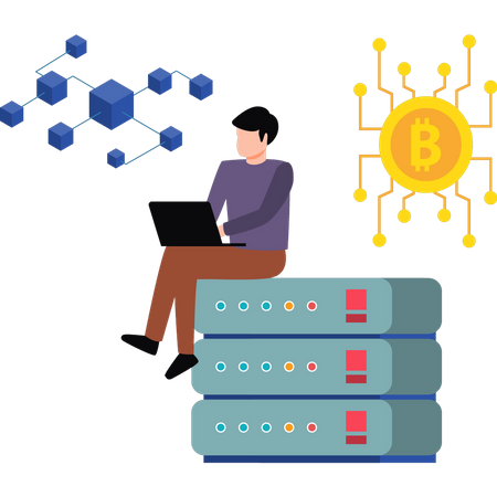 Homem trabalhando no servidor bitcoin  Ilustração