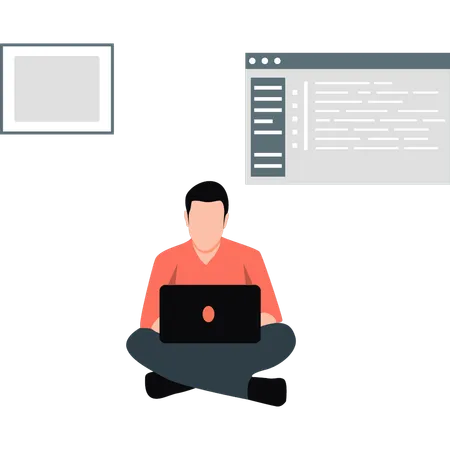 Homem trabalhando no site de código e sentado com um laptop no colo  Ilustração