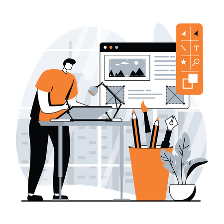 Homem trabalhando no design UI UX do site  Ilustração