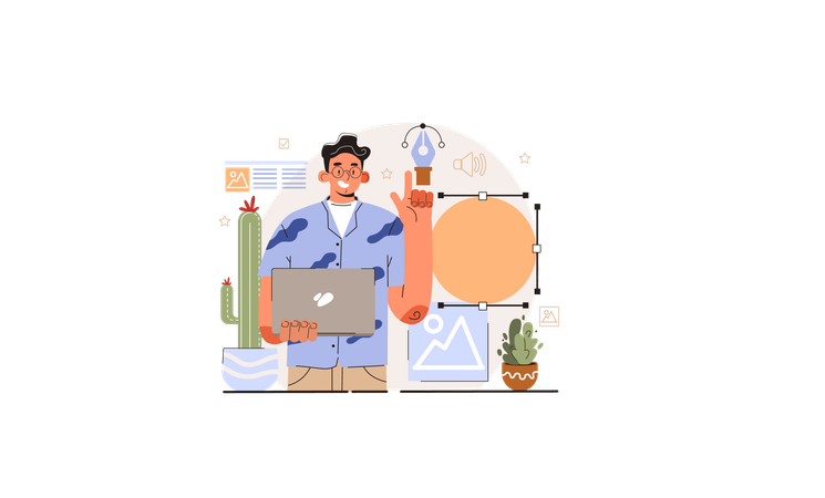 Homem trabalhando para fazer um blog atraente  Illustration