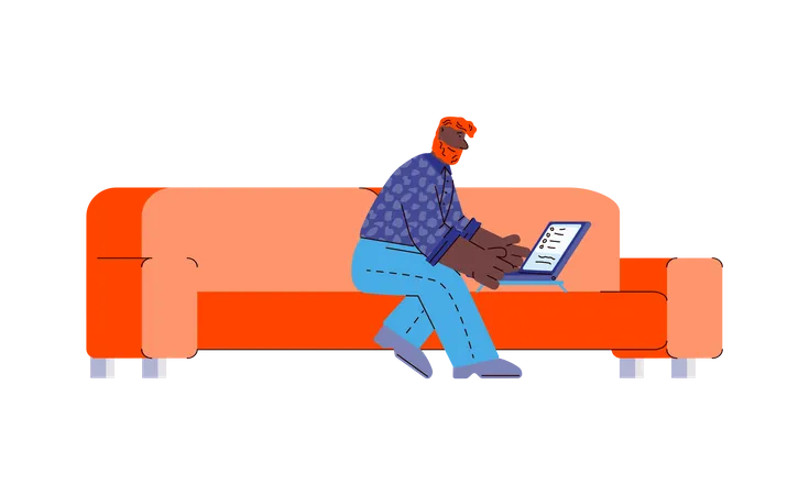 Homem trabalhando remotamente em casa usando laptop  Ilustração