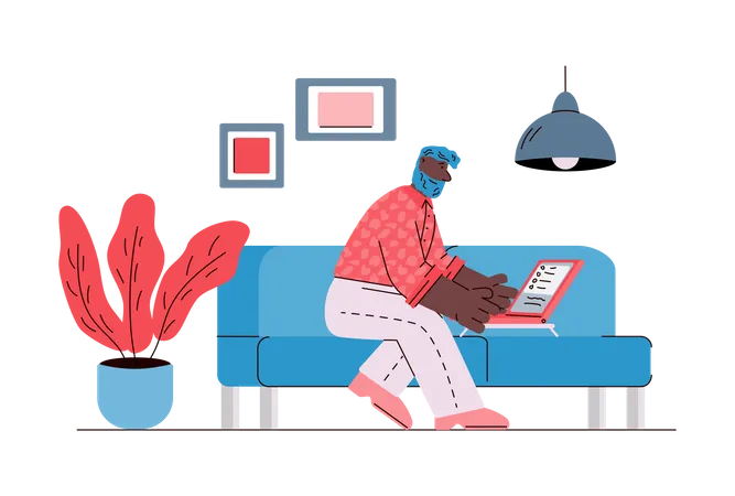 Homem trabalhando remotamente em casa usando laptop  Ilustração