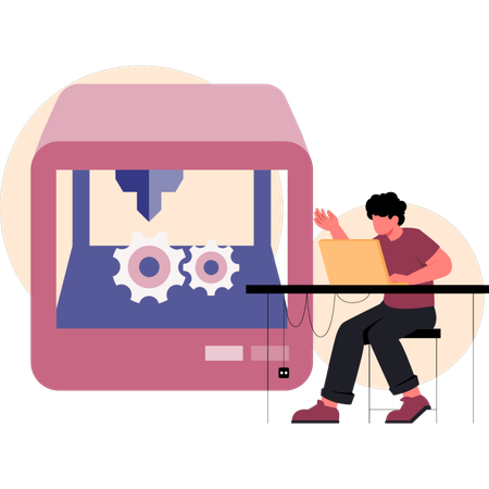 Homem trabalhando em impressão 3D  Ilustração