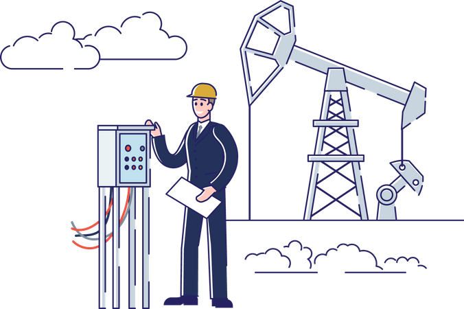 Homem trabalha em planta de petróleo e plataforma  Ilustração