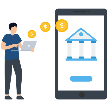 Homem transfere dinheiro usando aplicativo bancário  Ilustração