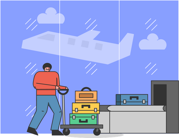 Homem carrega bagagem na máquina de scanner de bagagem  Ilustração
